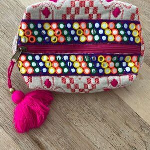 Lovestitch boHo embroidered pink tassel pouch bag clutch beige